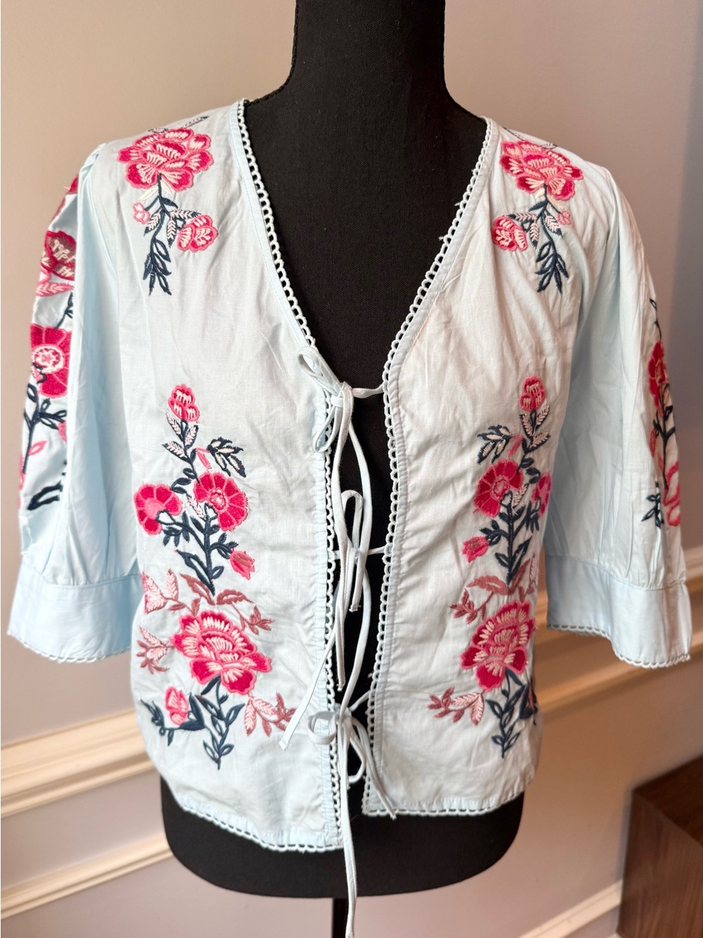 Joie Blue Floral Embroidered Tie Front Cotton Blouse Boho Cottagecore Size S